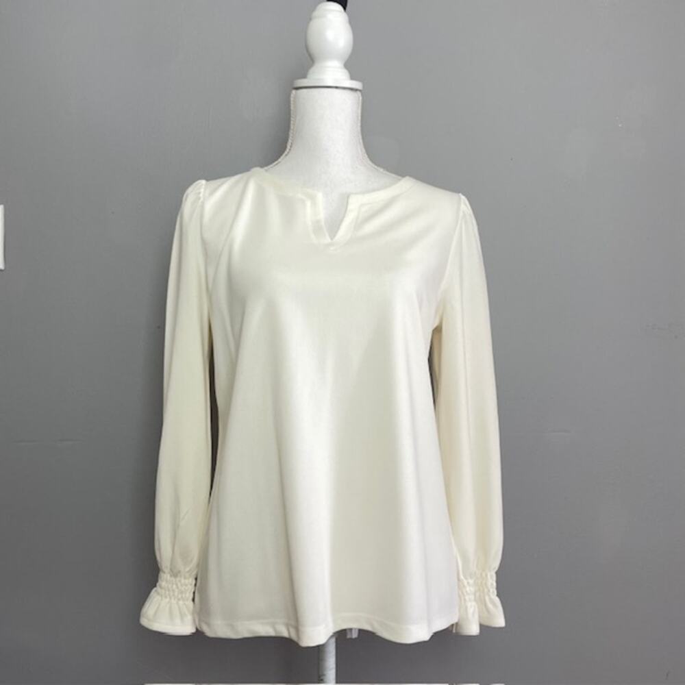 Talbots LP Ivory Blouse Ruffle Smocked Cuffs  Top LP Elegant Quiet Luxury Office